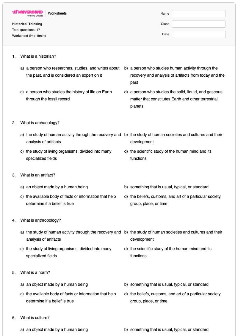 Historical Thinking - พิมพ์ได้ Historical-thinking เวิร์กชีท ระดับ 7 - Wayground