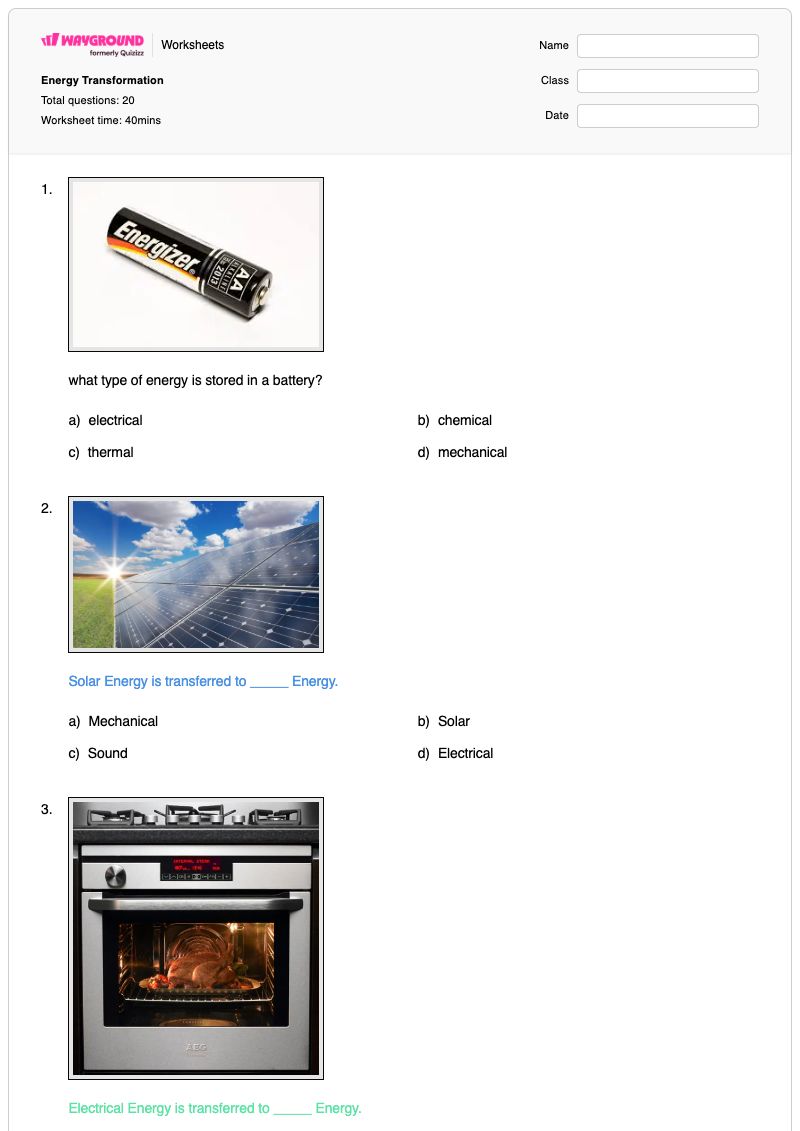 Energy Transformation - Printable Forms-of-energy Worksheets - Wayground