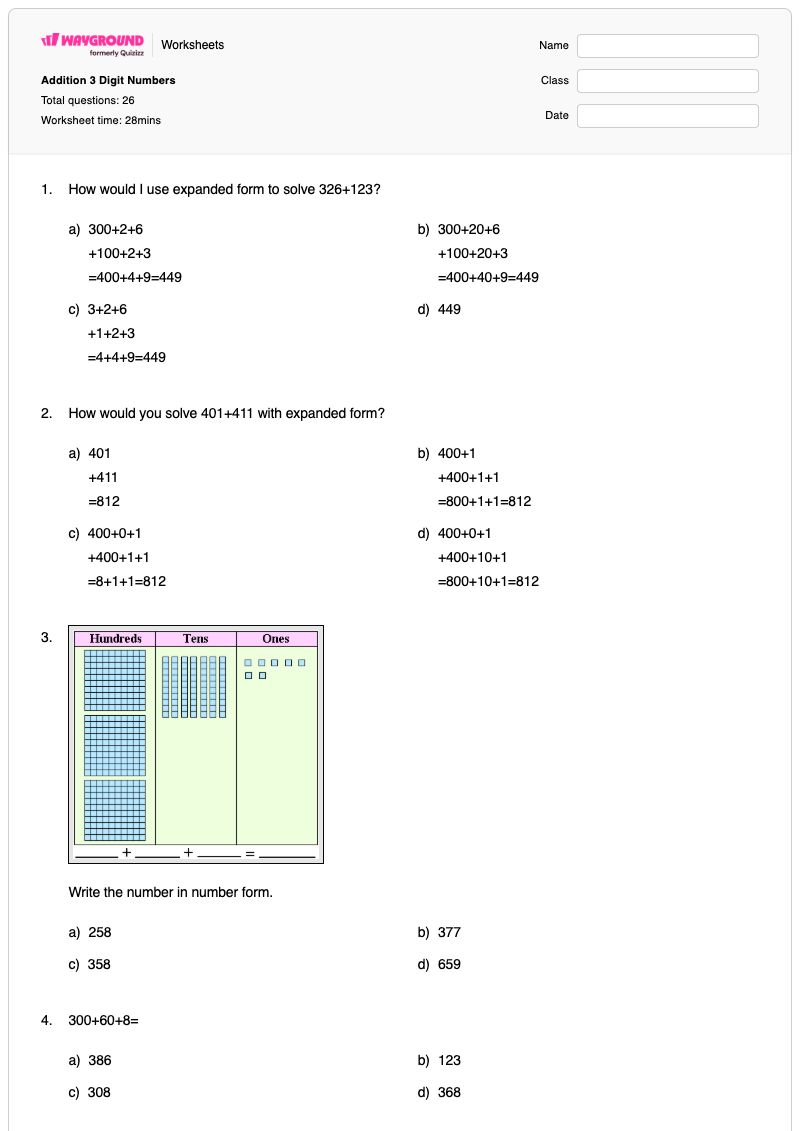 Addition 3 Digit Numbers - Printable Addition Worksheets - Wayground
