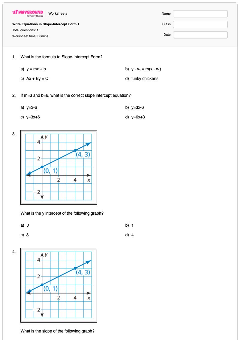 Write Equations in Slope-Intercept Form 1 - พิมพ์ได้ รูปแบบความชัน-จุดตัดแกน เวิร์กชีท - Wayground