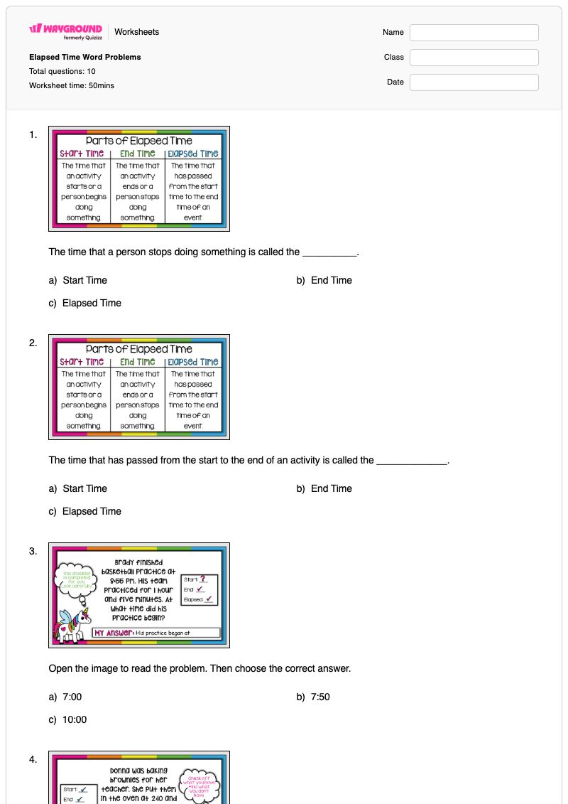 Elapsed Time Word Problems - พิมพ์ได้ โจทย์ปัญหาเกี่ยวกับเวลา เวิร์กชีท - Wayground