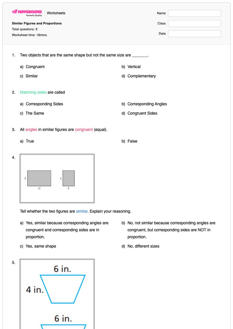 Similar Figures and Proportions - Printable Similar-figures Worksheets Class 6 - Wayground