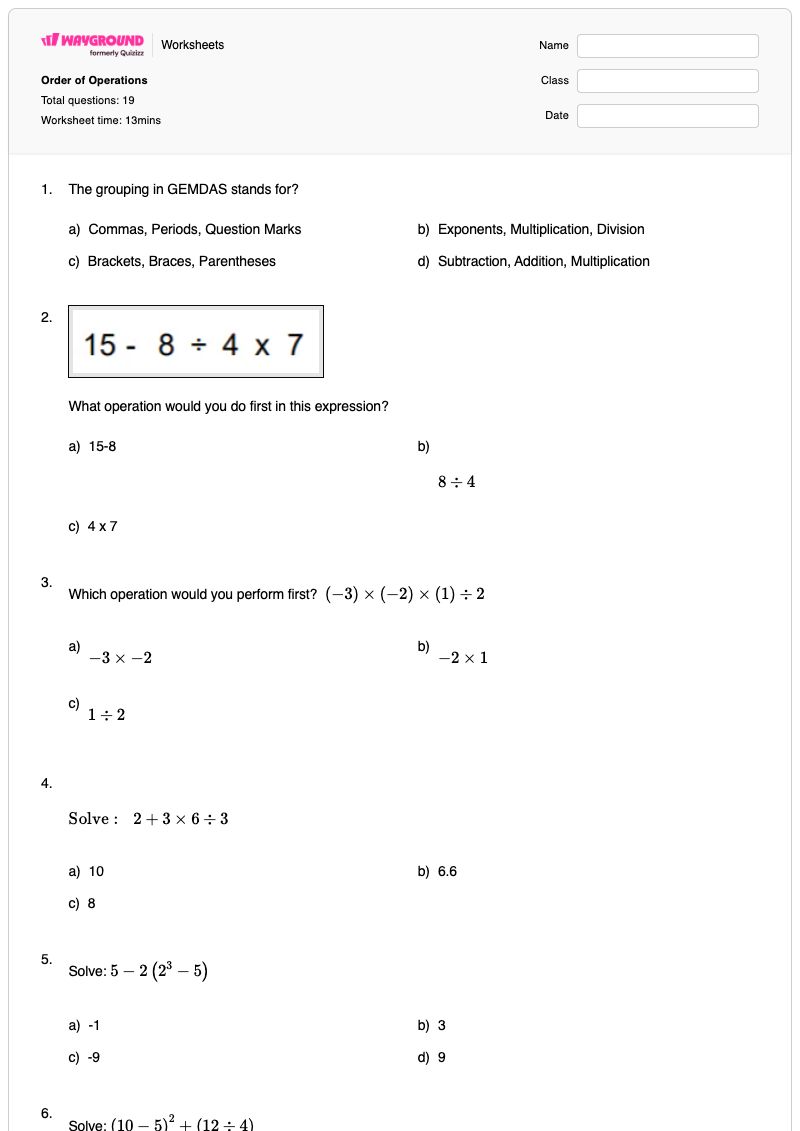 Order of Operations - Printable Order-of-operations-(pemdas) Worksheets Class 7 - Wayground