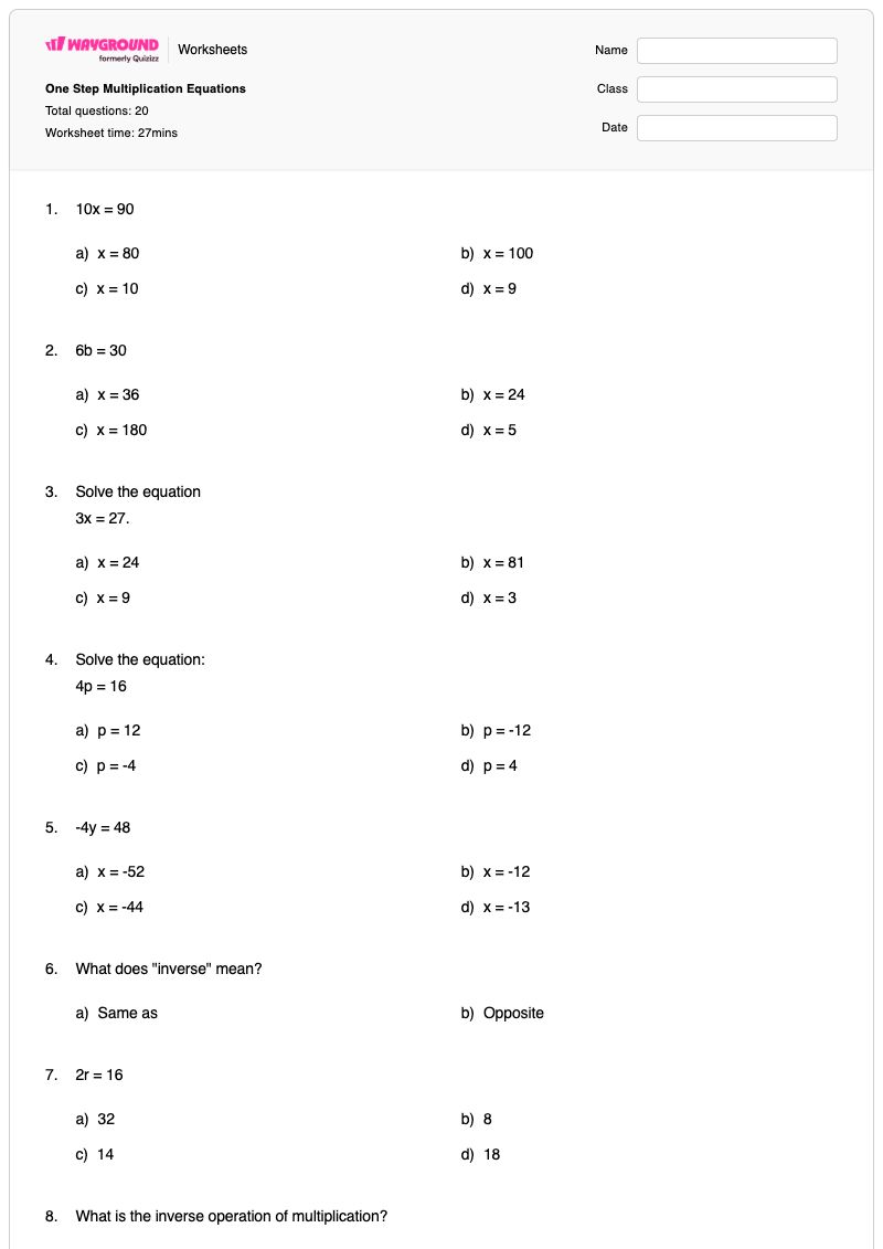 One Step Multiplication Equations - พิมพ์ได้ สมการขั้นตอนเดียว เวิร์กชีท - Wayground