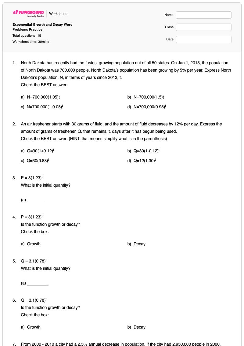 Exponential Growth and Decay Word Problems Practice - Printable Exponential-growth-and-decay Worksheets - Wayground