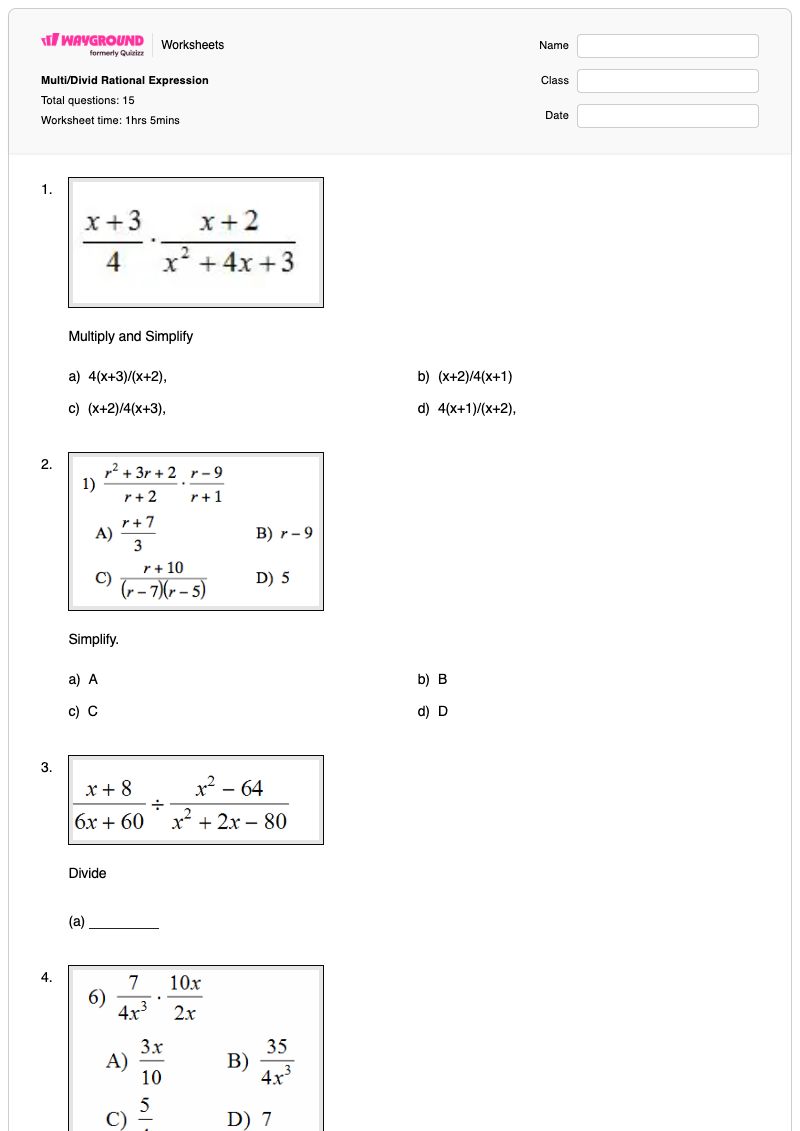 Multi/Divid Rational Expression - Printable Division Worksheets - Wayground