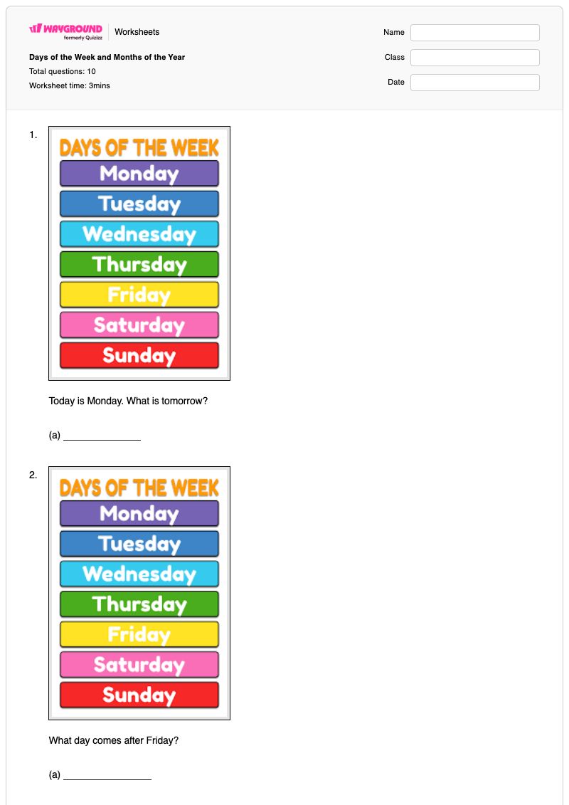 Days of the Week and Months of the Year - Printable Days-of-the-week Worksheets - Wayground