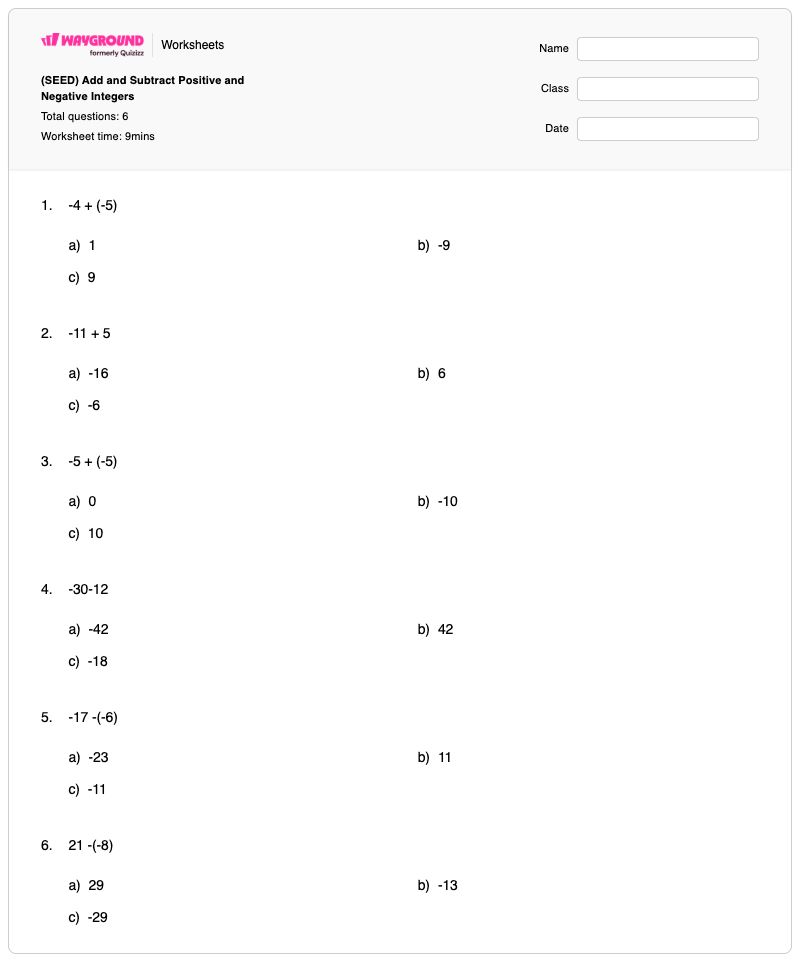 (SEED) Add and Subtract Positive and Negative Integers - พิมพ์ได้ จำนวนเต็มบวกและจำนวนเต็มลบ เวิร์กชีท - Wayground