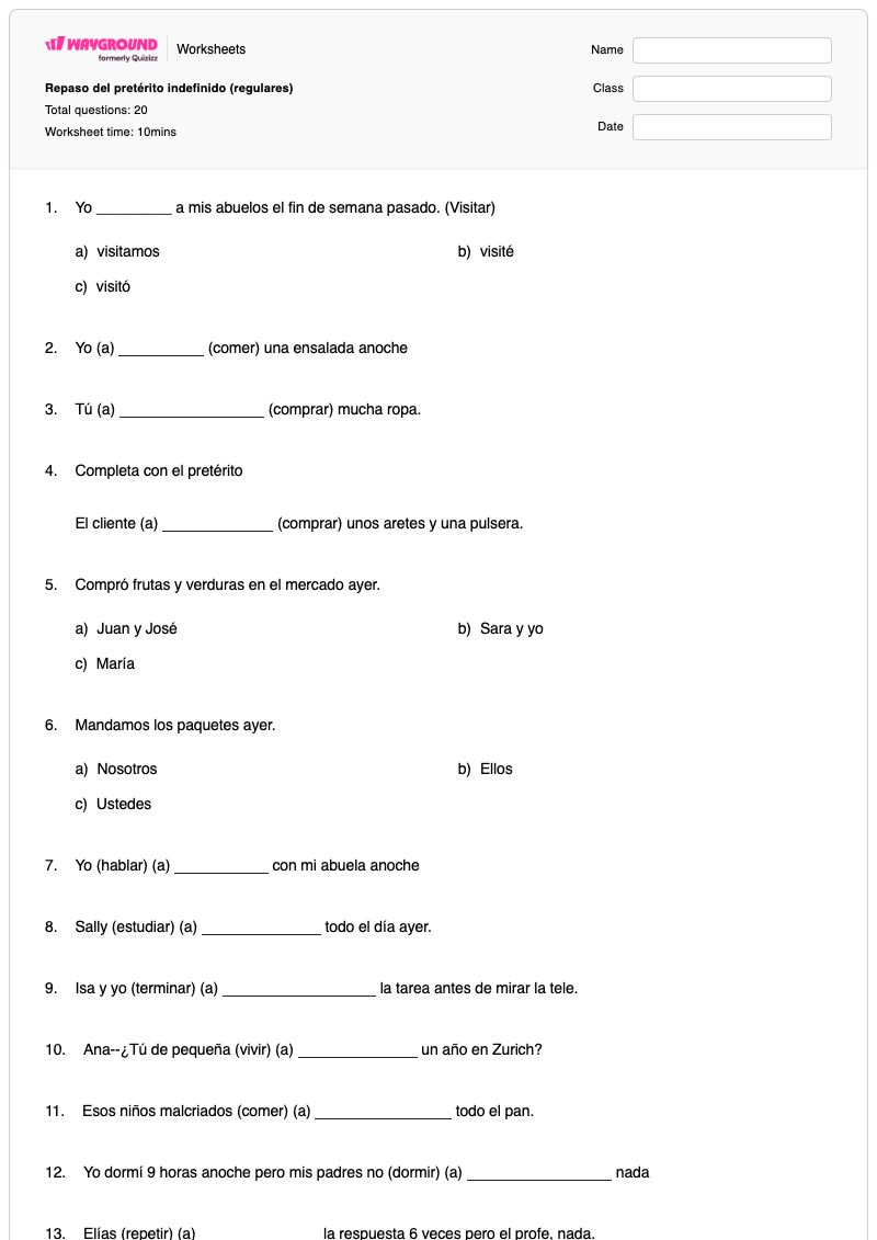 Repaso del pretérito indefinido (regulares)  - Imprimible Señales-familiares-del-asl Hojas-de-trabajo Grado 5 - Wayground