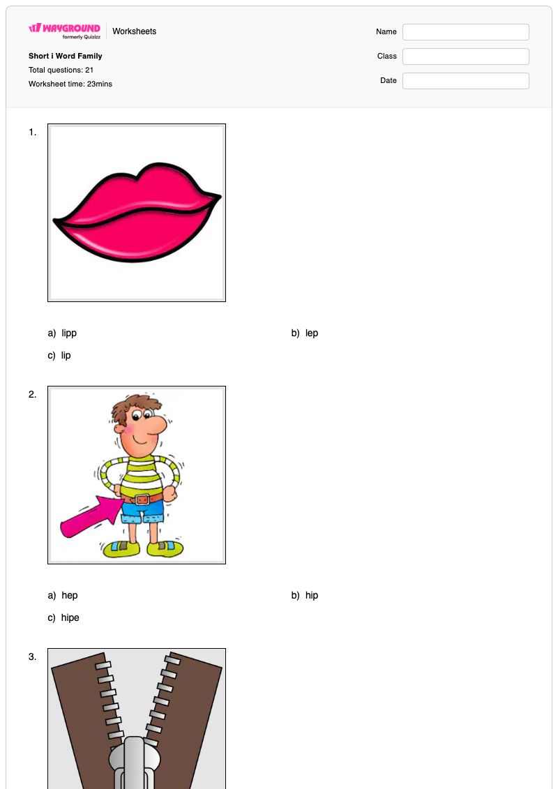 Short i Word Family - Printable Word-families Worksheets - Wayground
