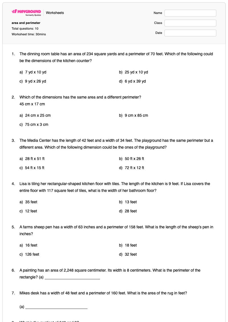area and perimeter - Printable Dimensions-of-wellness Worksheets Grade 4 - Wayground