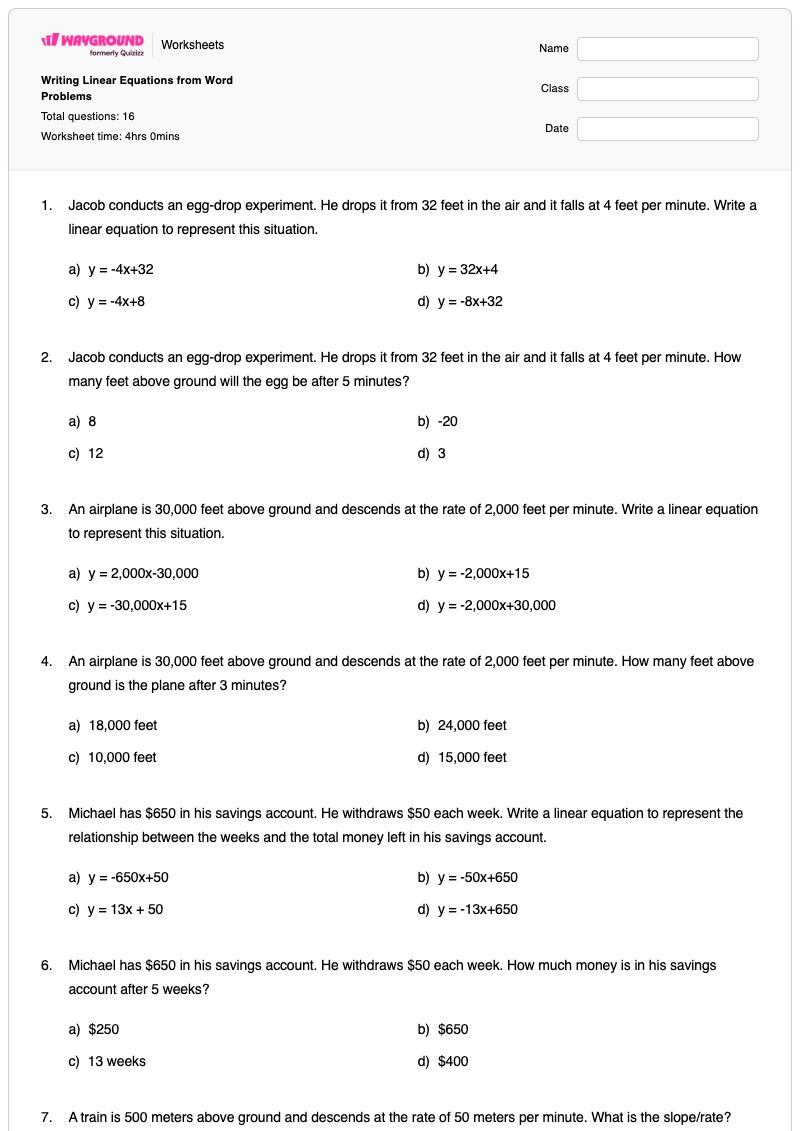 Writing Linear Equations from Word Problems - พิมพ์ได้ การสร้างสมการจากโจทย์ปัญหา เวิร์กชีท ระดับ 8 - Wayground