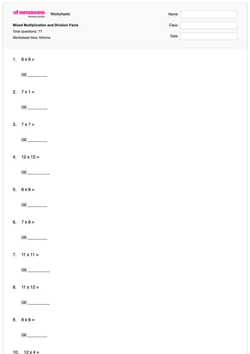Mixed Multiplication and Division Facts - พิมพ์ได้ การคูณและการหารแบบผสม เวิร์กชีท ระดับ 4 - Wayground