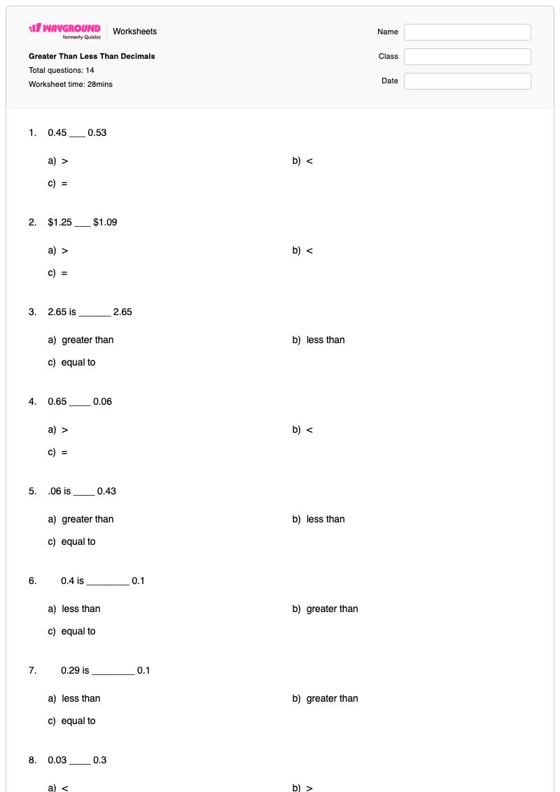 Greater Than Less Than Decimals - Printable Greater-than-less-than Worksheets Grade 4 - Wayground