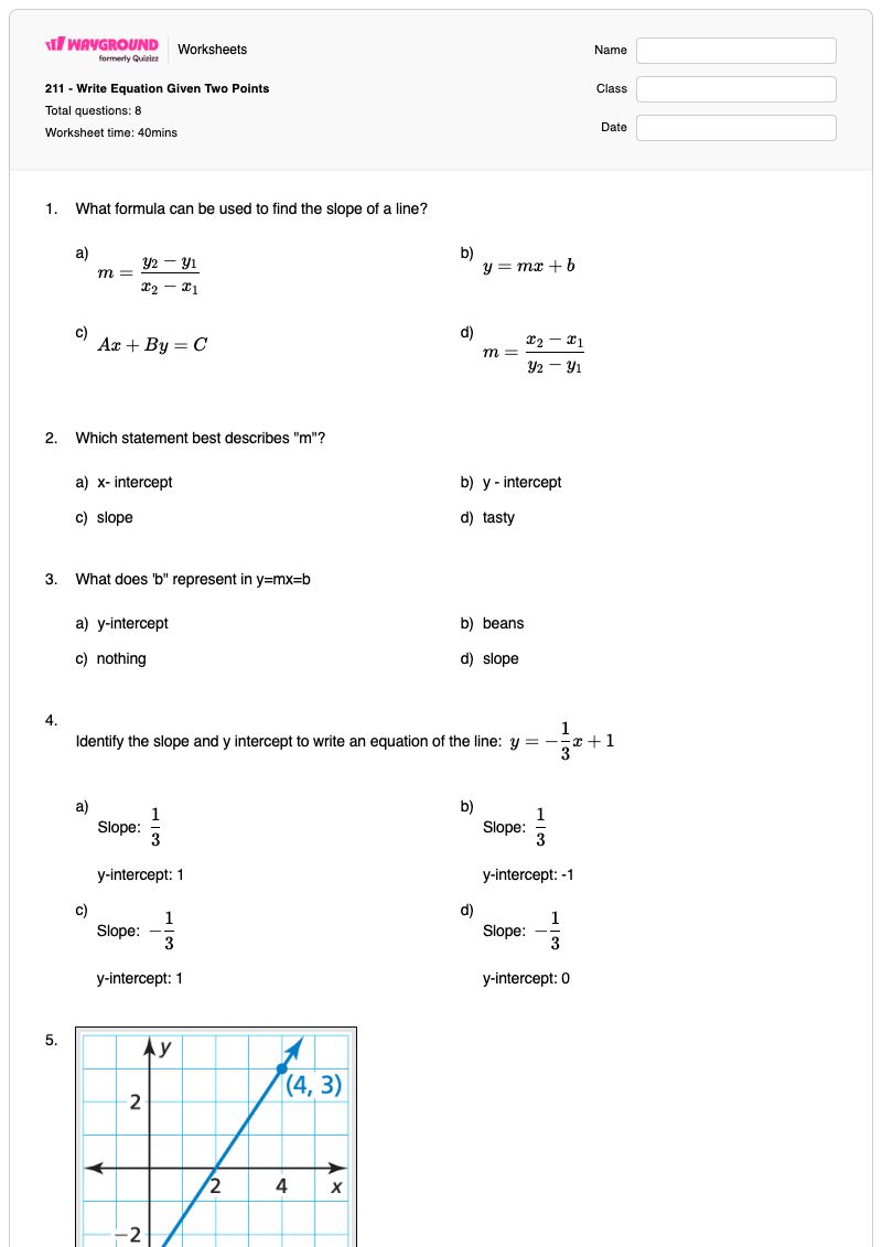 211 - Write Equation Given Two Points - Printable Equation-of-a-line Worksheets - Wayground