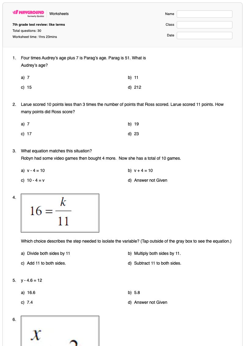 7th grade test review: like terms - Printable Math Worksheets Year 7 - Wayground