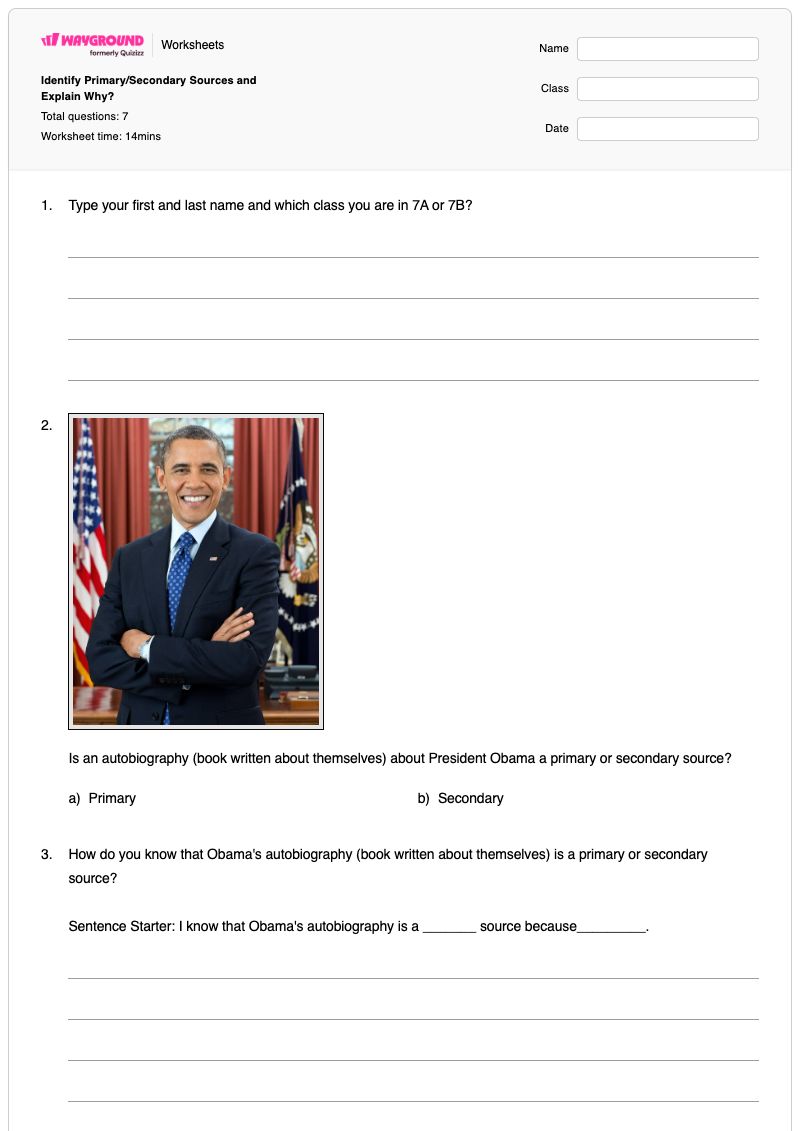 Identify Primary/Secondary Sources and Explain Why? - Printable Primary-and-secondary-sources Worksheets - Wayground