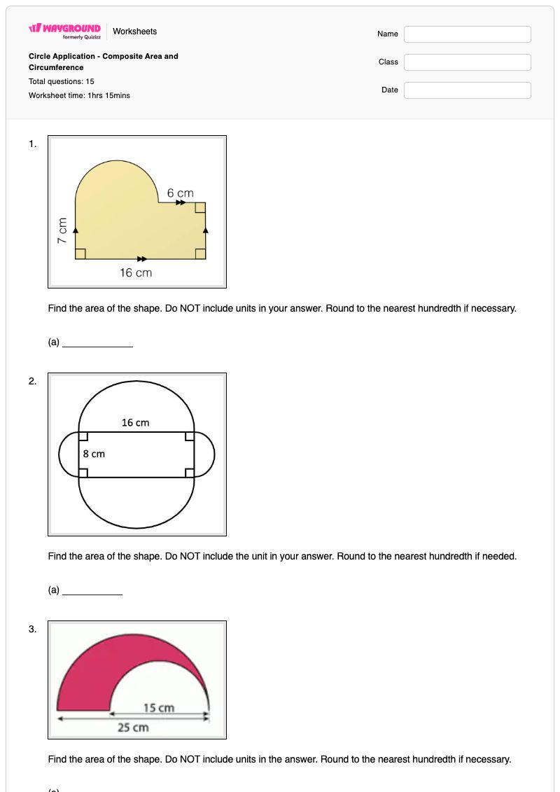 Circle Application - Composite Area and Circumference - พิมพ์ได้ พื้นที่และปริมณฑล เวิร์กชีท - Wayground