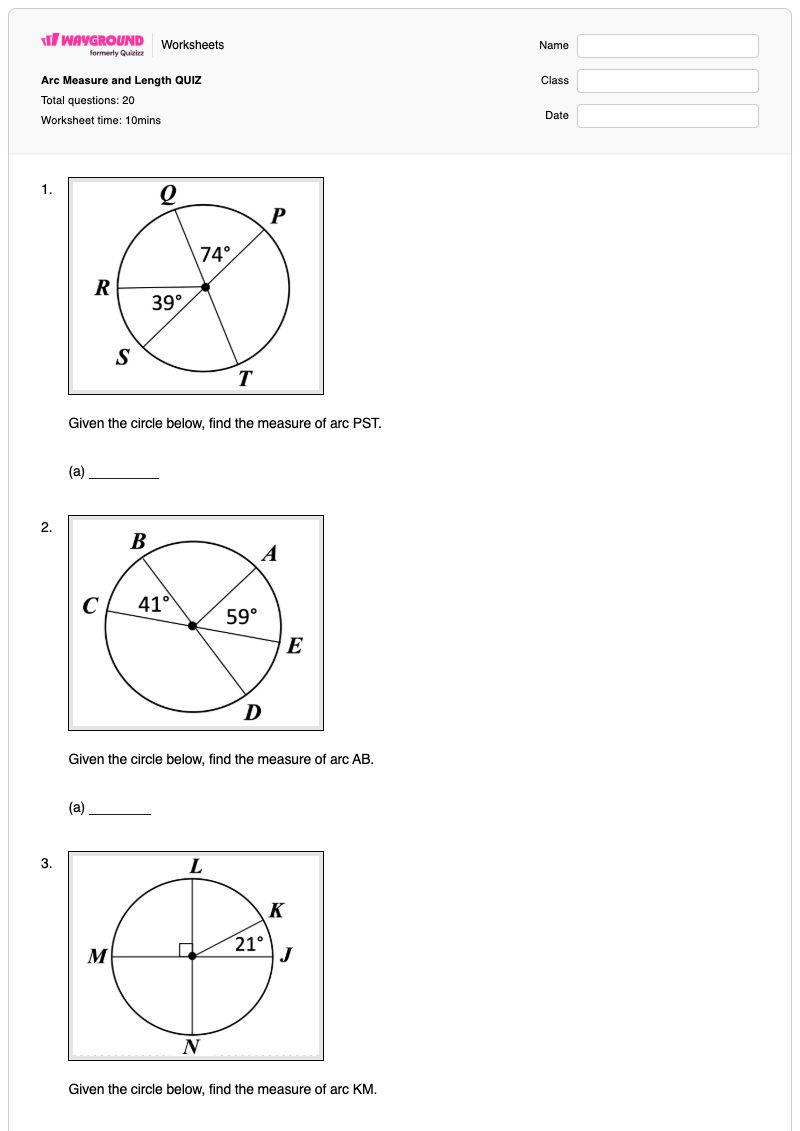 Arc Measure and Length QUIZ - Printable Radians-and-arc-length Worksheets - Wayground