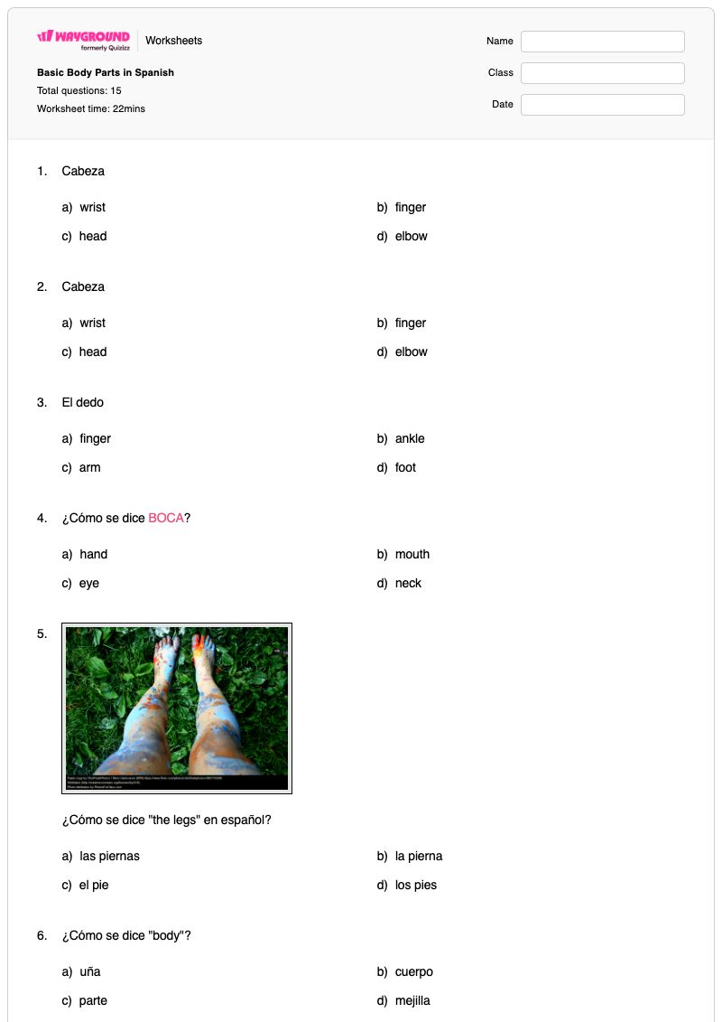 Basic Body Parts in Spanish - Printable Body-parts Worksheets - Wayground
