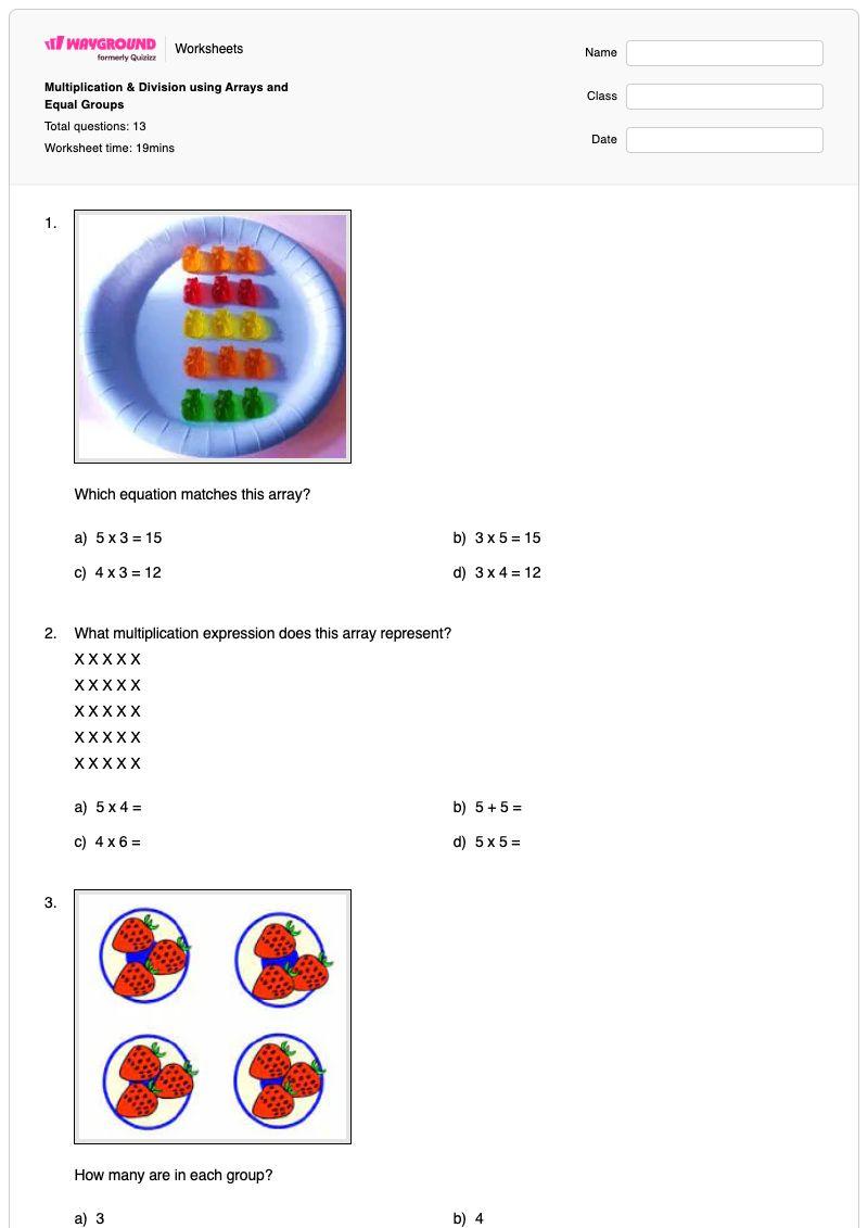 Multiplication & Division using Arrays and Equal Groups - พิมพ์ได้ การคูณด้วยอาร์เรย์ เวิร์กชีท - Wayground