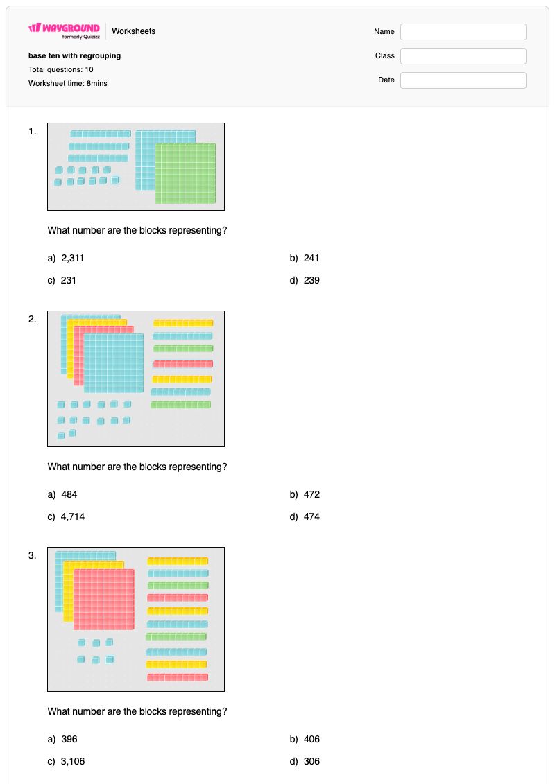 base ten with regrouping - Printable Number-and-operations-in-base-ten Worksheets Class 2 - Wayground
