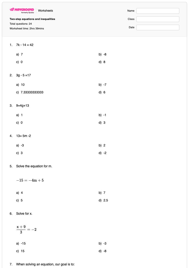Two-step equations and inequalities - Printable Two-step-inequalities Worksheets - Wayground