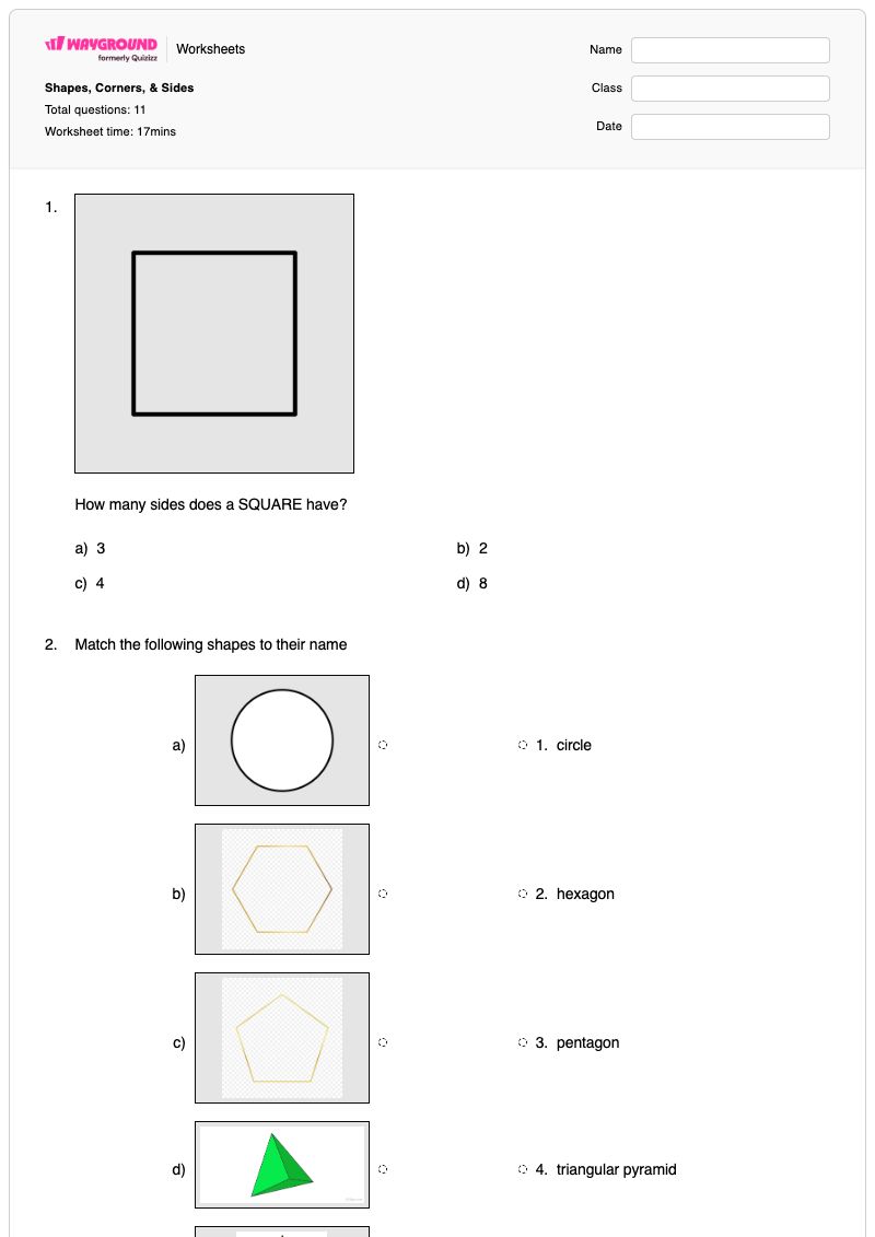 Shapes, Corners, & Sides - พิมพ์ได้ Sides-of-shapes เวิร์กชีท - Wayground