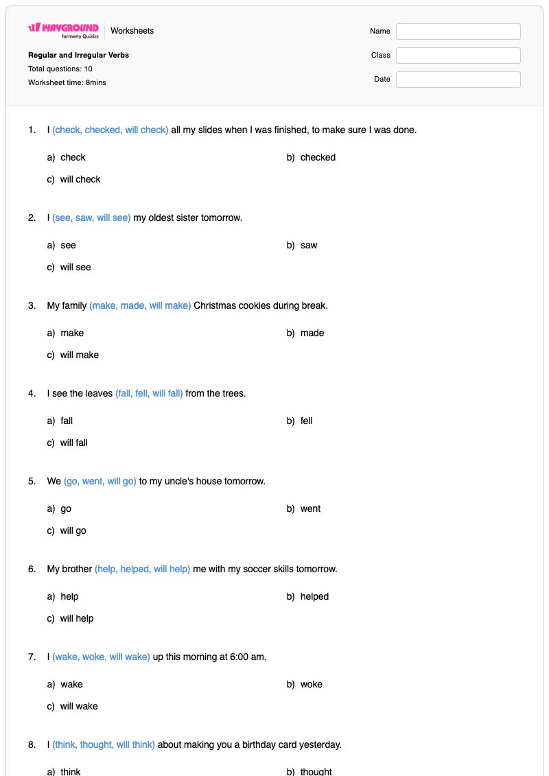 Regular and Irregular Verbs - พิมพ์ได้ กริยาที่ไม่สม่ำเสมอ เวิร์กชีท - Wayground