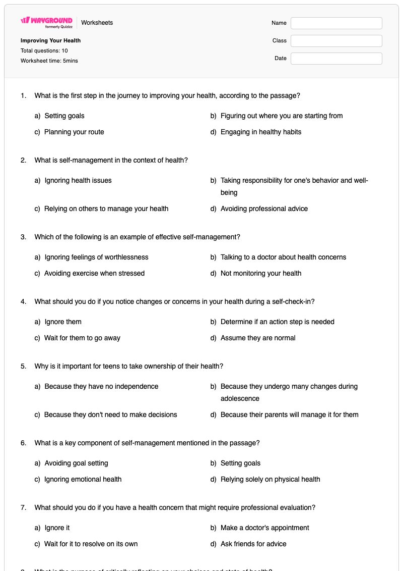 Improving Your Health - Printable Emotional-regulation Worksheets - Wayground