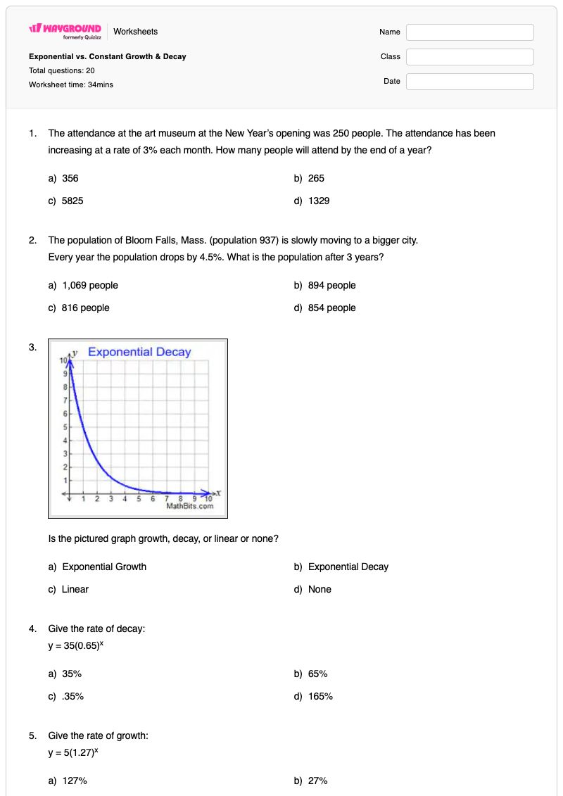 Exponential vs. Constant Growth & Decay - Printable Exponential-growth-and-decay Worksheets - Wayground