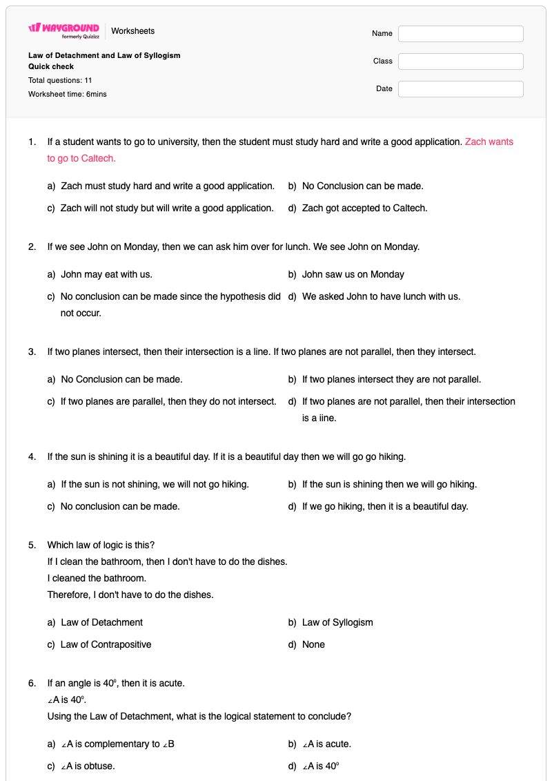 Law of Detachment and Law of Syllogism Quick check - พิมพ์ได้ กฎแห่งการอนุมานเชิงตรรกะ เวิร์กชีท - Wayground
