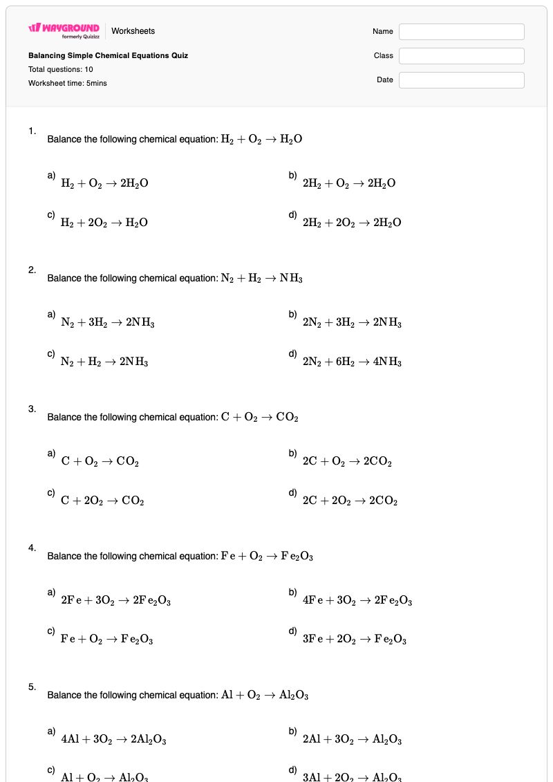 Balancing Simple Chemical Equations Quiz - พิมพ์ได้ การปรับสมดุลสมการทางเคมี เวิร์กชีท - Wayground