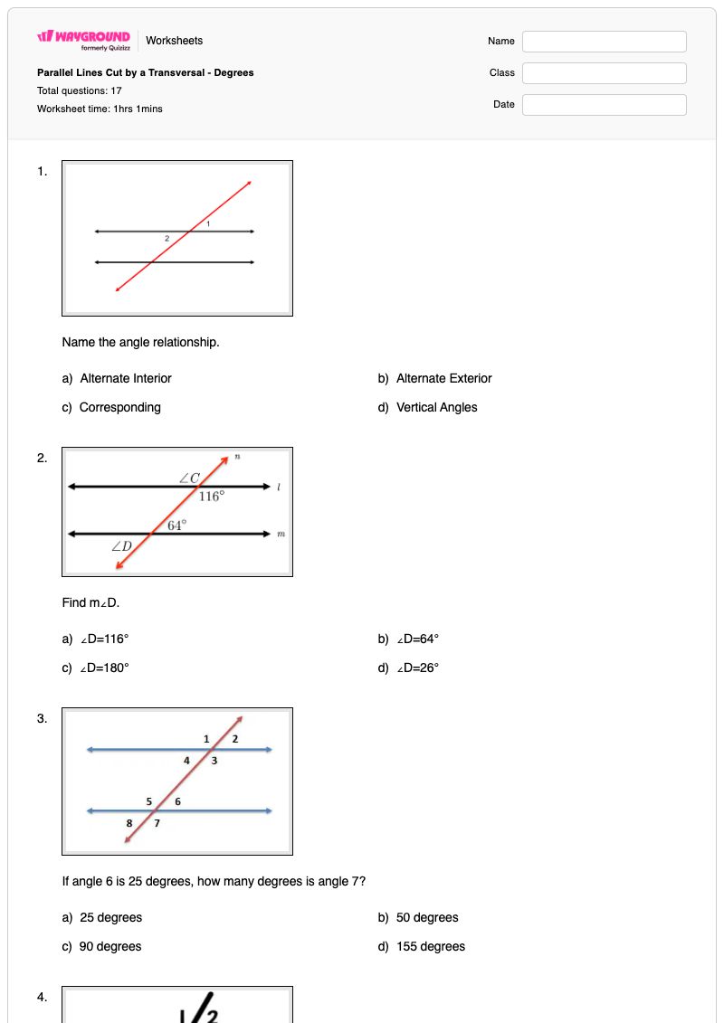 Parallel Lines Cut by a Transversal - Degrees - พิมพ์ได้ เส้นตัดขวางของเส้นขนาน เวิร์กชีท - Wayground