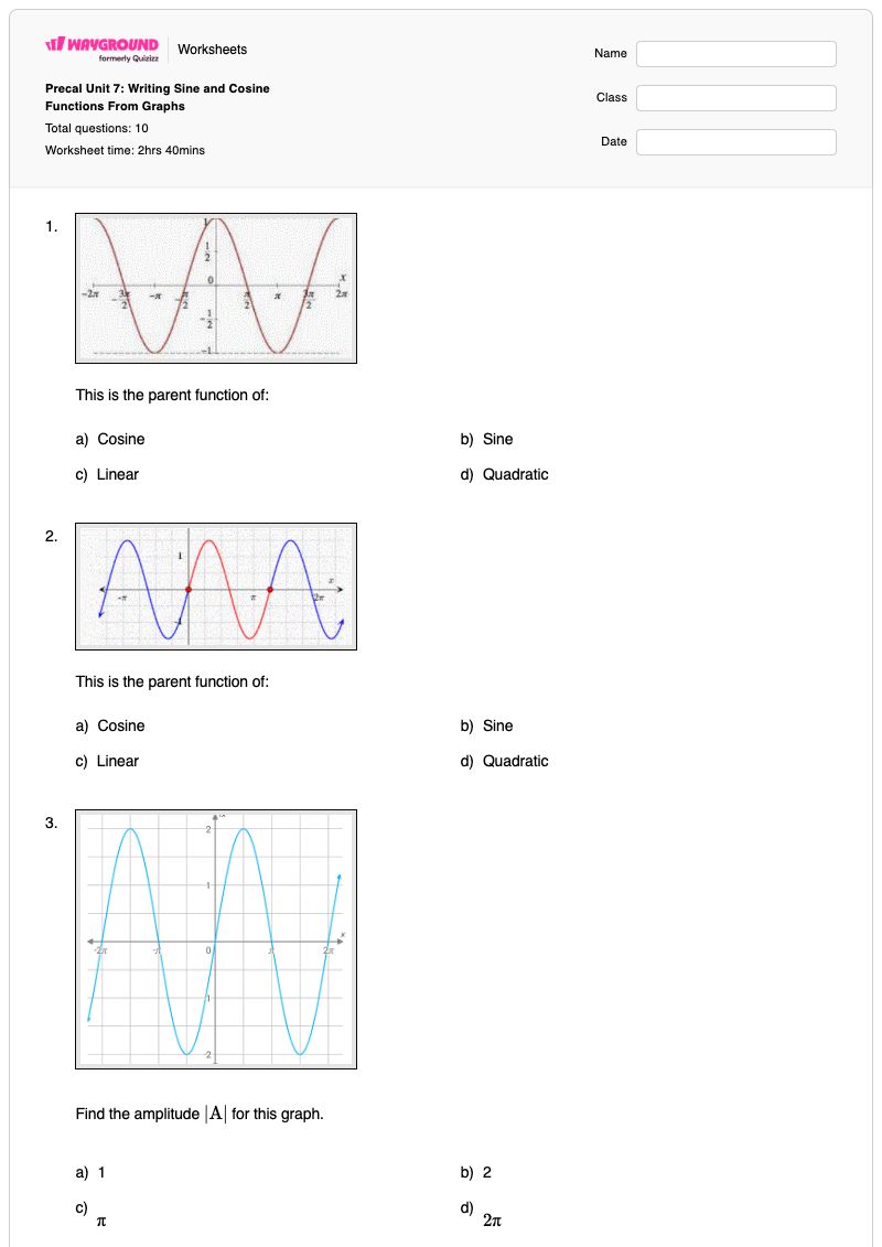 Precal Unit 7: Writing Sine and Cosine Functions From Graphs - Printable Sine-and-cosine-graphs Worksheets - Wayground