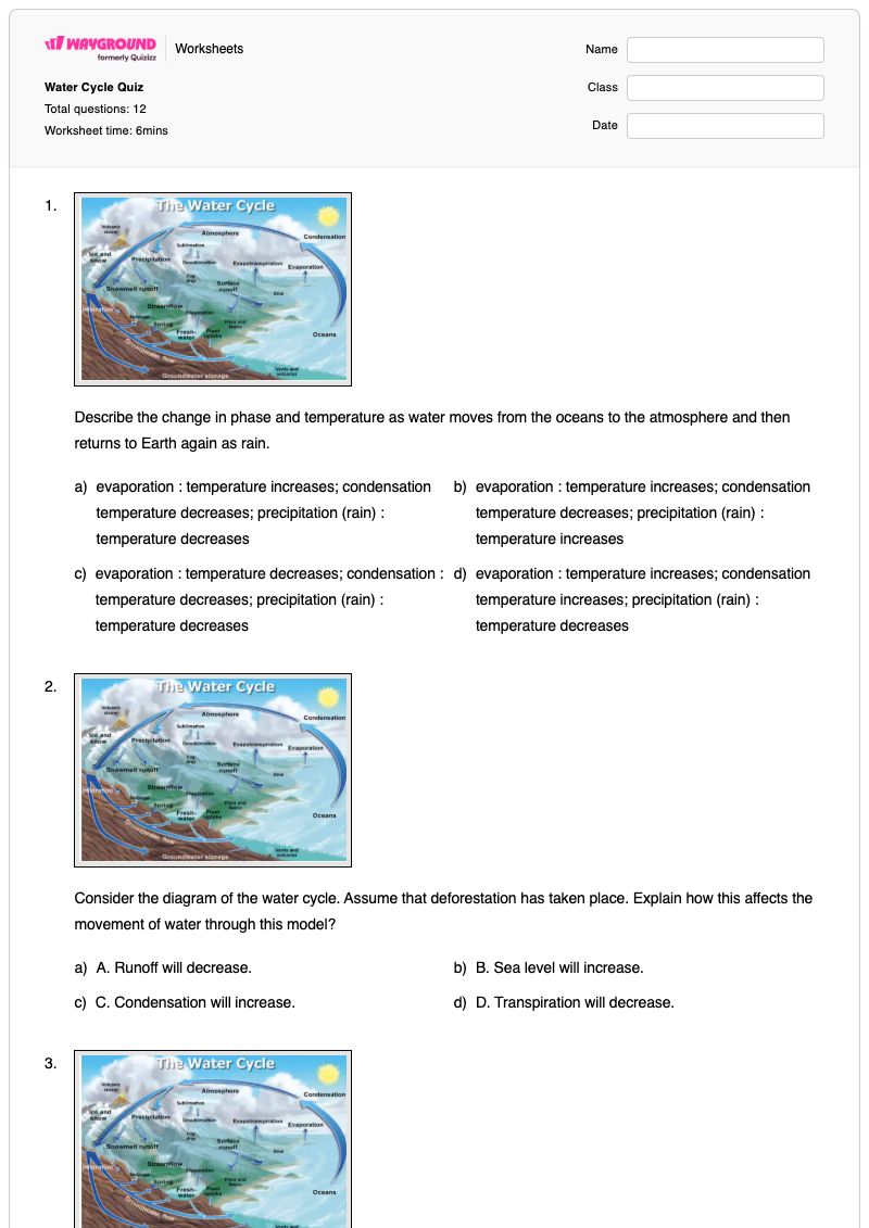 Water Cycle Quiz - พิมพ์ได้ วัฏจักรอุทกวิทยา เวิร์กชีท ระดับ 6 - Wayground