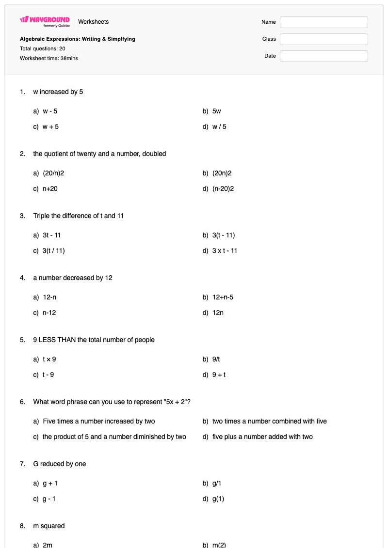 Algebraic Expressions: Writing & Simplfying - พิมพ์ได้ การแสดงออก เวิร์กชีท - Wayground