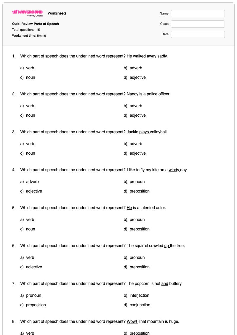 Quiz: Review Parts of Speech - พิมพ์ได้ ส่วนประกอบของคำพูด เวิร์กชีท - Wayground