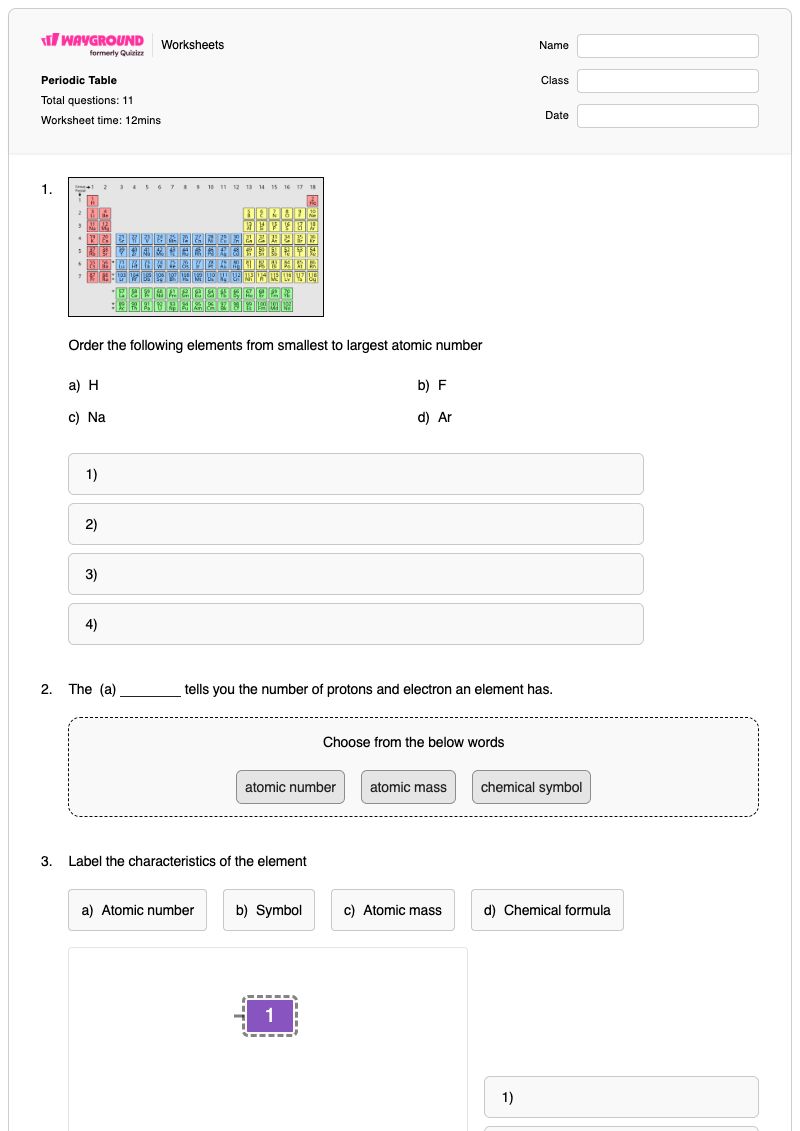Periodic Table - พิมพ์ได้ ปรากฏการณ์เป็นระยะ เวิร์กชีท ระดับ 7 - Wayground