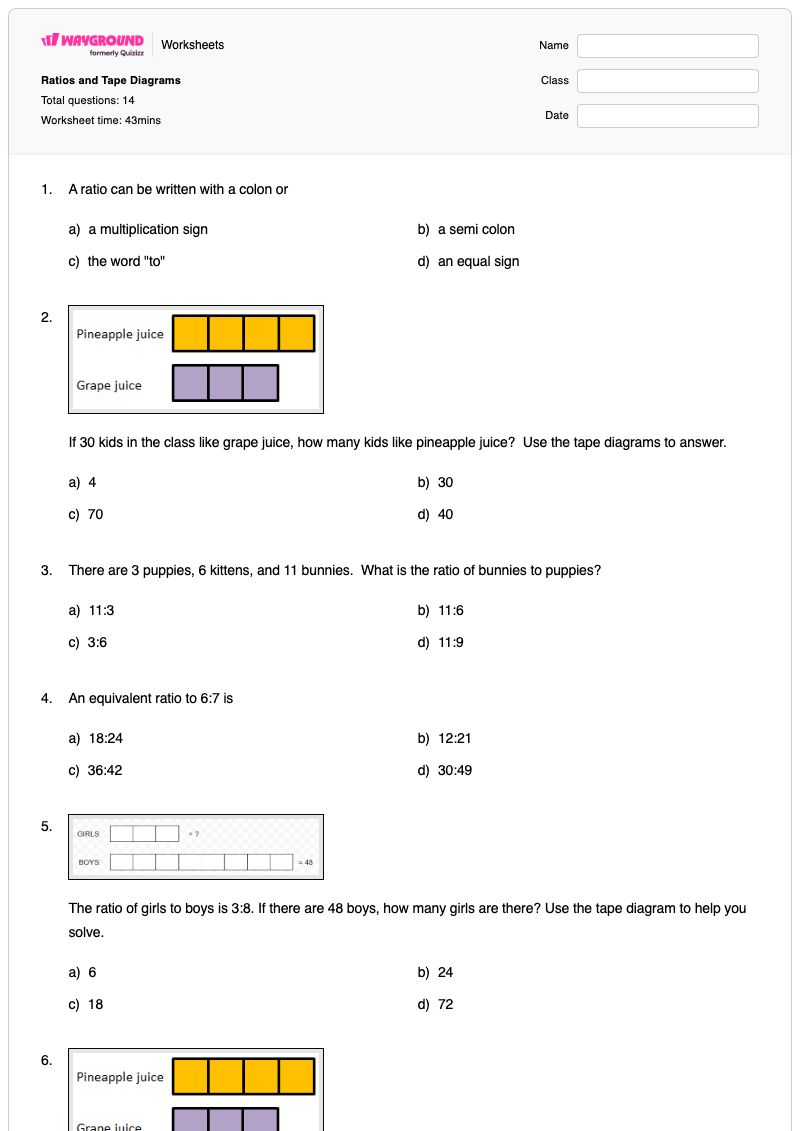 Ratios and Tape Diagrams - Printable Tape-diagrams Worksheets - Wayground