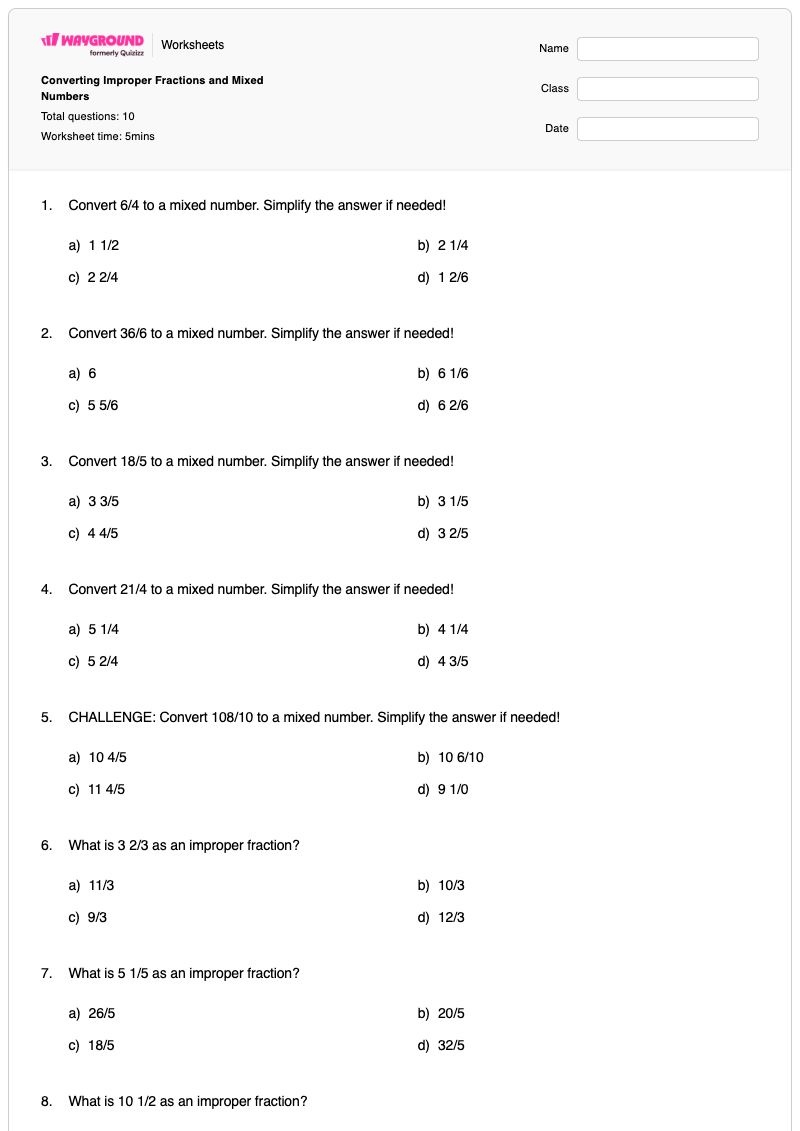 Converting Improper Fractions and Mixed Numbers - พิมพ์ได้ จำนวนคละและเศษส่วนเกิน เวิร์กชีท - Wayground