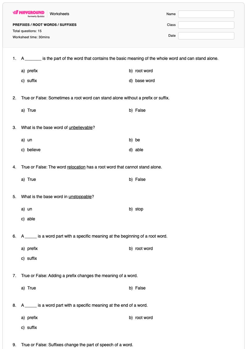 PREFIXES / ROOT WORDS / SUFFIXES - พิมพ์ได้ Prefixes-and-suffixes เวิร์กชีท - Wayground