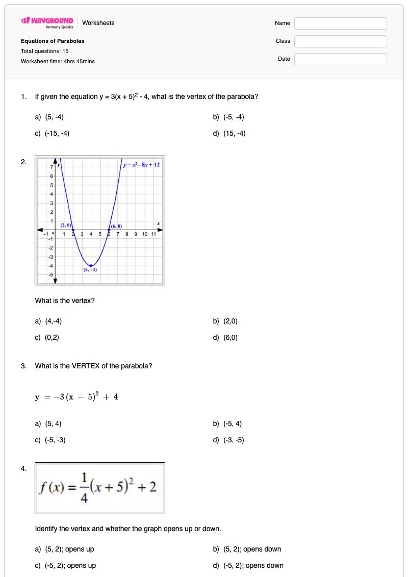 Equations of Parabolas - พิมพ์ได้ Vertex-form เวิร์กชีท - Wayground