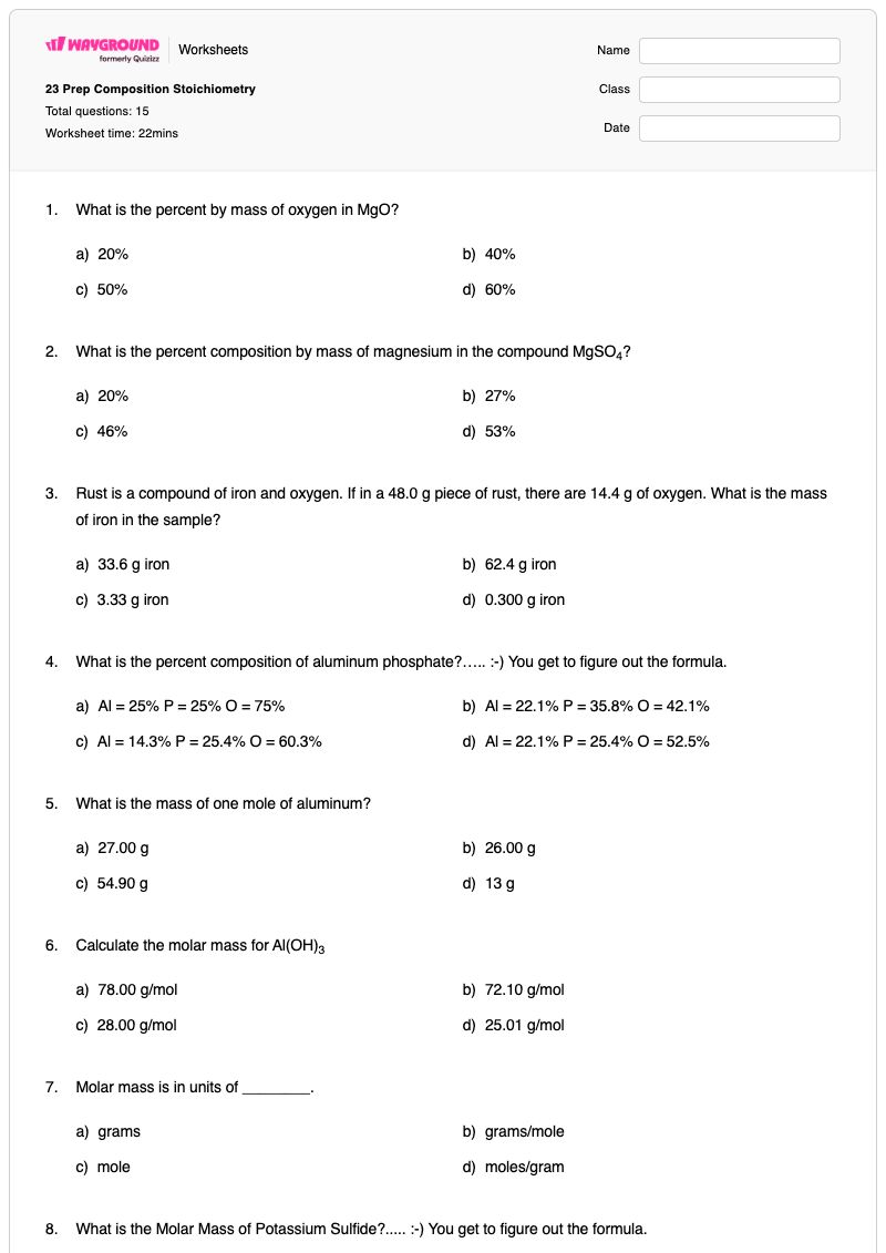 23 Prep Composition Stoichiometry - พิมพ์ได้ องค์ประกอบร้อยละโดยมวล เวิร์กชีท - Wayground