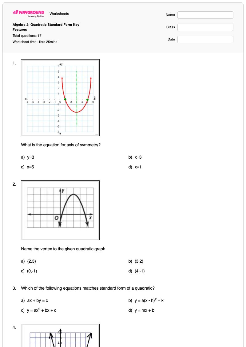 Algebra 2: Quadratic Standard Form Key Features - Printable Algebra-2 Worksheets - Wayground