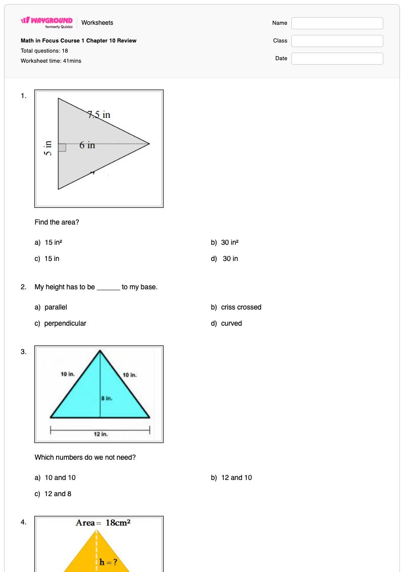 Math in Focus Course 1 Chapter 10 Review - Printable Area-of-a-triangle Worksheets - Wayground