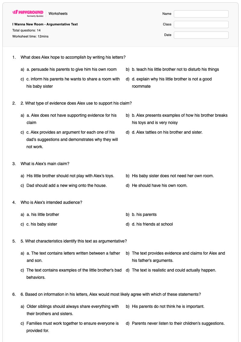 I Wanna New Room - Argumentative Text - Printable Writing-letters Worksheets Kindergarten - Wayground