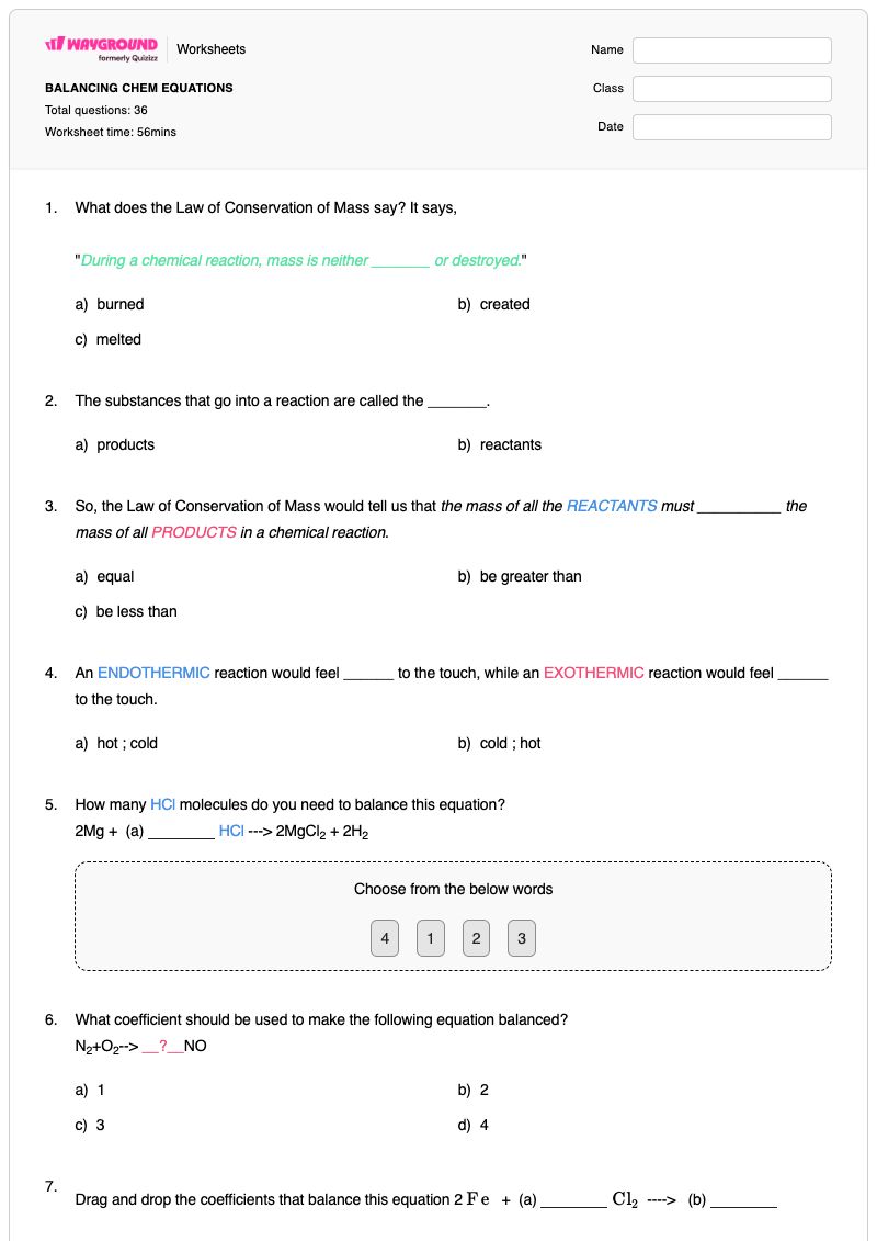BALANCING CHEM EQUATIONS - พิมพ์ได้ Equation-balancing เวิร์กชีท - Wayground