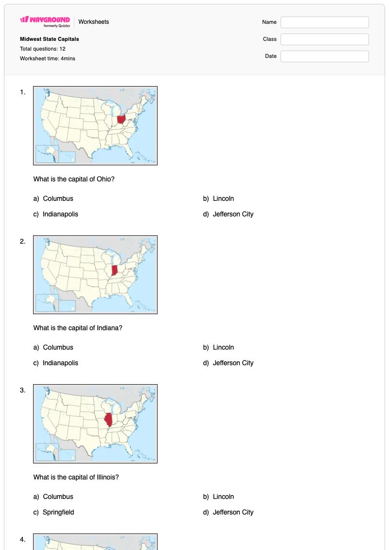 Midwest State Capitals - Printable States-and-capitals Worksheets - Wayground