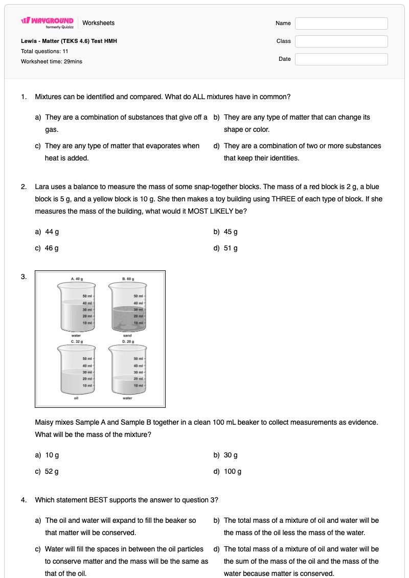 Lewis - Matter (TEKS 4.6) Test HMH - Printable Elements,-compounds,-and-mixtures Worksheets Grade 4 - Wayground